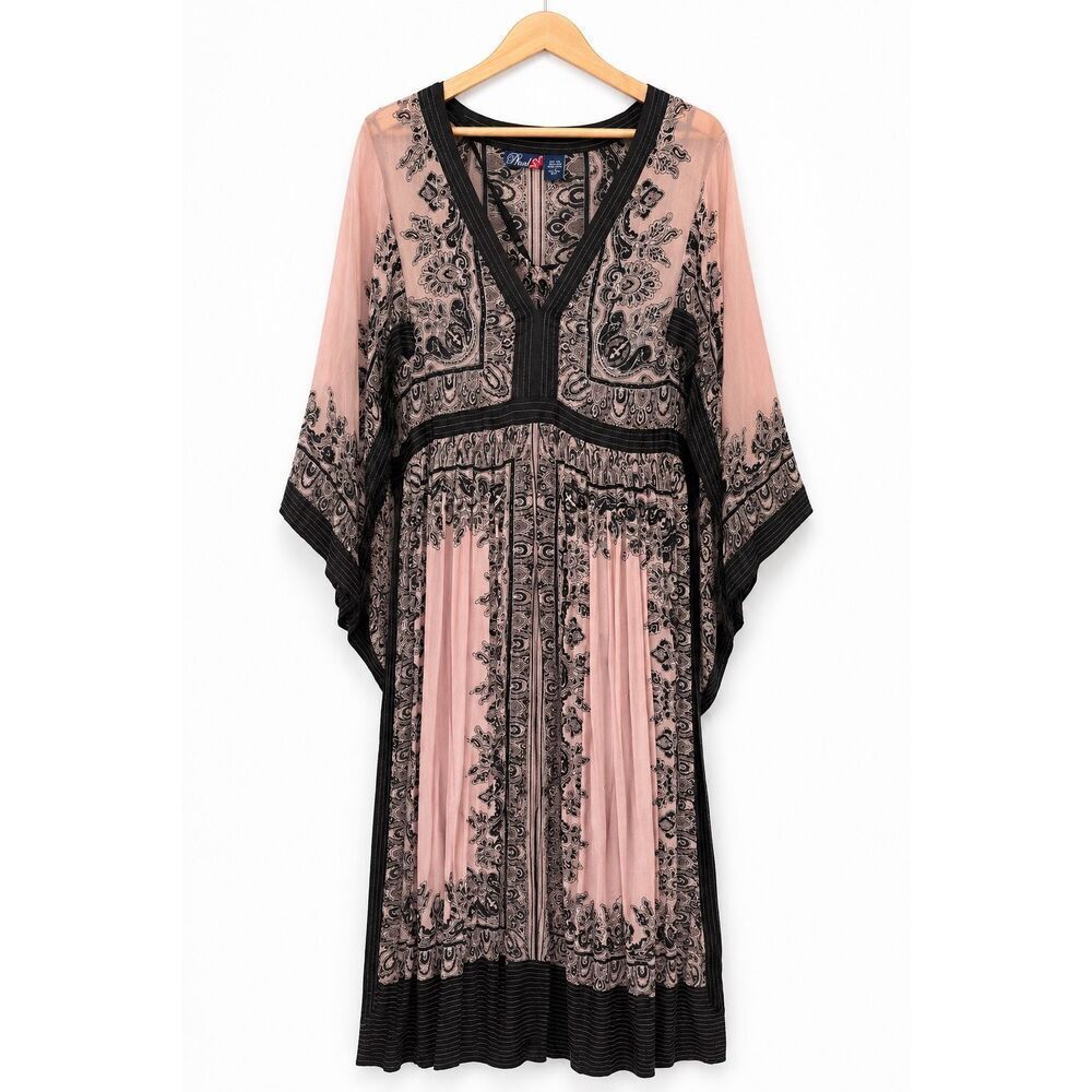 Phool Paisley Boho Kaftan Dress Size S Pink Black Rayon Midi Caftan Whimsigoth